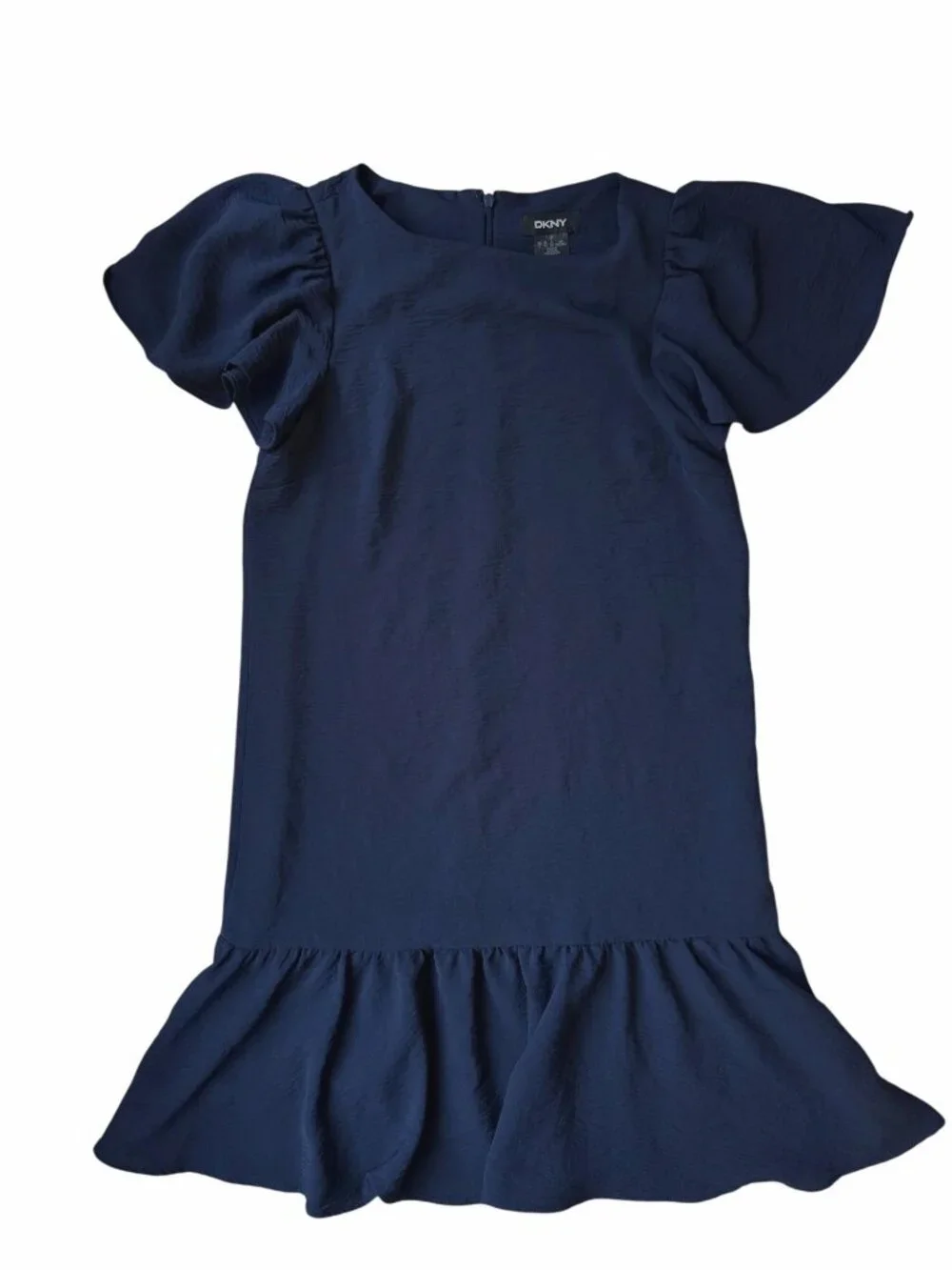 DKNY Elegant Dress Sz 2 Navy Blue Ruffle Hem Flutter Sleeve Classic Drop Waist